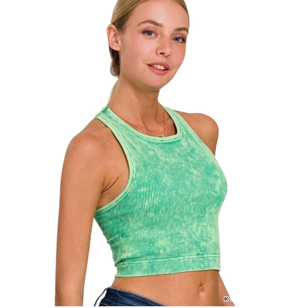Zenana Kelly Green Mineral Wash Ribbed Racerback Crop Tank Top Womens L/XL